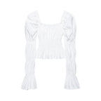 Women's Ruched Carmen Crop Top with Puff Sleeves, Smocked Waist and Tiered Sleeves Fashion Glam