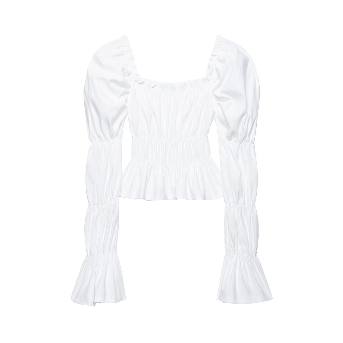 Women's Ruched Carmen Crop Top with Puff Sleeves, Smocked Waist and Tiered Sleeves Fashion Glam