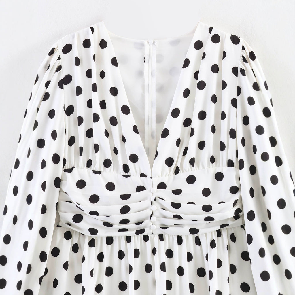Ladies Polka Dot Blouse with Deep V-Neck, Gathered Waistline and Voluminous Balloon Sleeves Fashion Glam