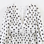 Ladies Polka Dot Blouse with Deep V-Neck, Gathered Waistline and Voluminous Balloon Sleeves Fashion Glam