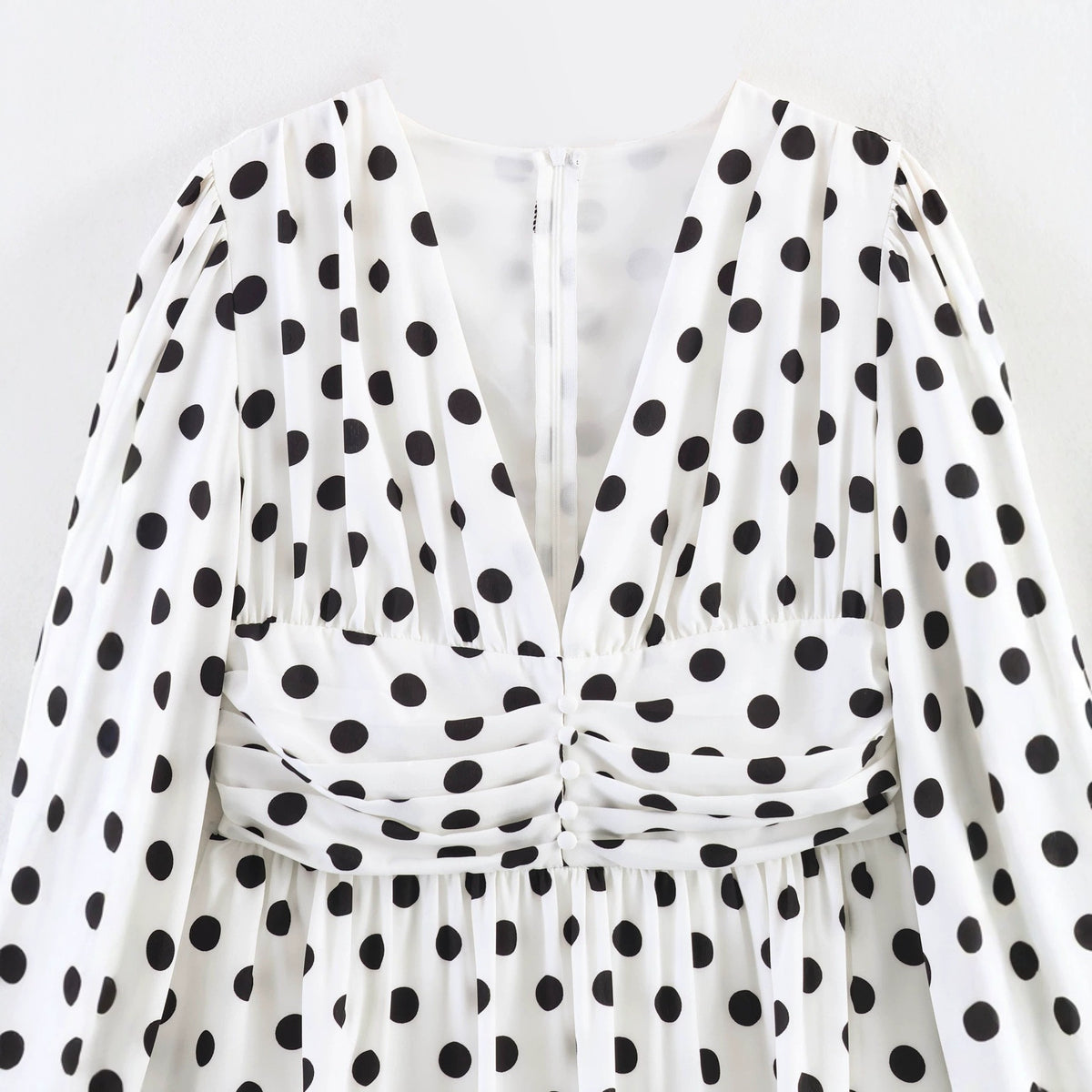 Ladies Polka Dot Blouse with Deep V-Neck, Gathered Waistline and Voluminous Balloon Sleeves Fashion Glam