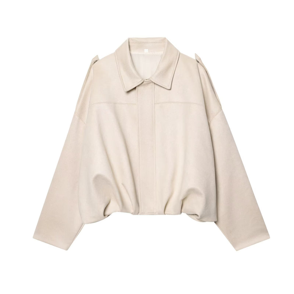 Women's Cropped Suede Look Blouson Jacket with Waist Smocking and Shoulder Patches Fashion Glam