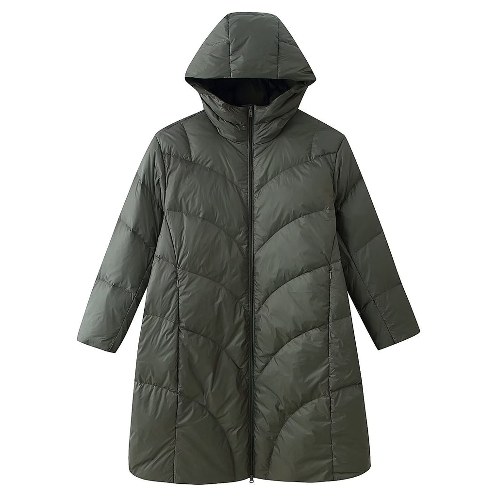 Women's longer padded quilted coat with hood and double zipper Fashion Glam