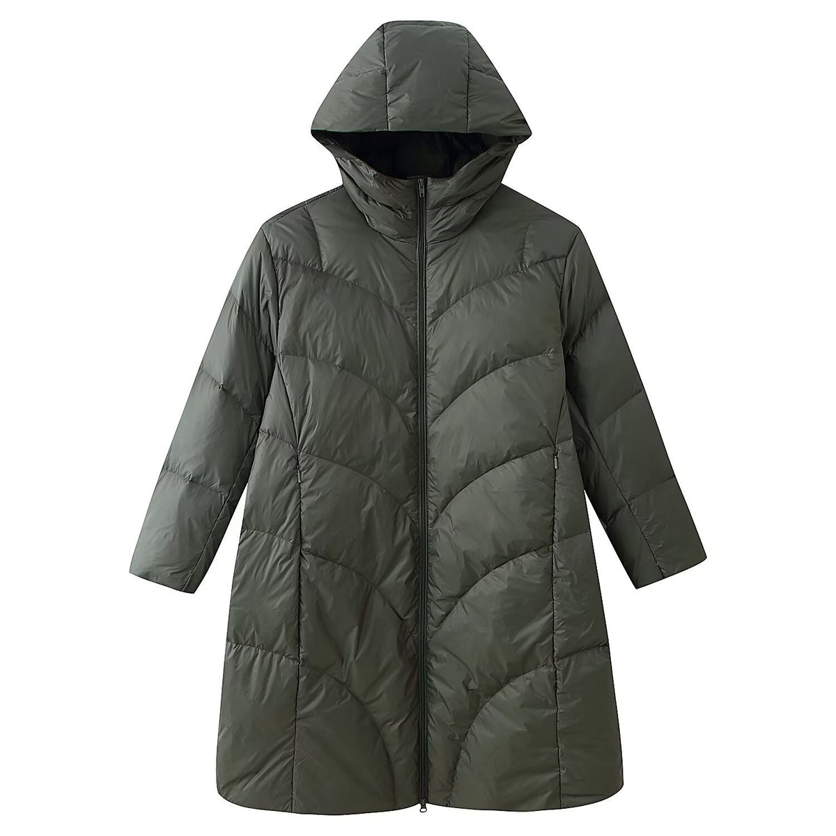 Women's longer padded quilted coat with hood and double zipper Fashion Glam
