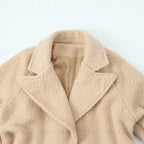 Women Long Teddy Coat in Trench Style with Double-Breasted Button Placket, Tied Belt, and Adjustable Cuffs Fashion Glam