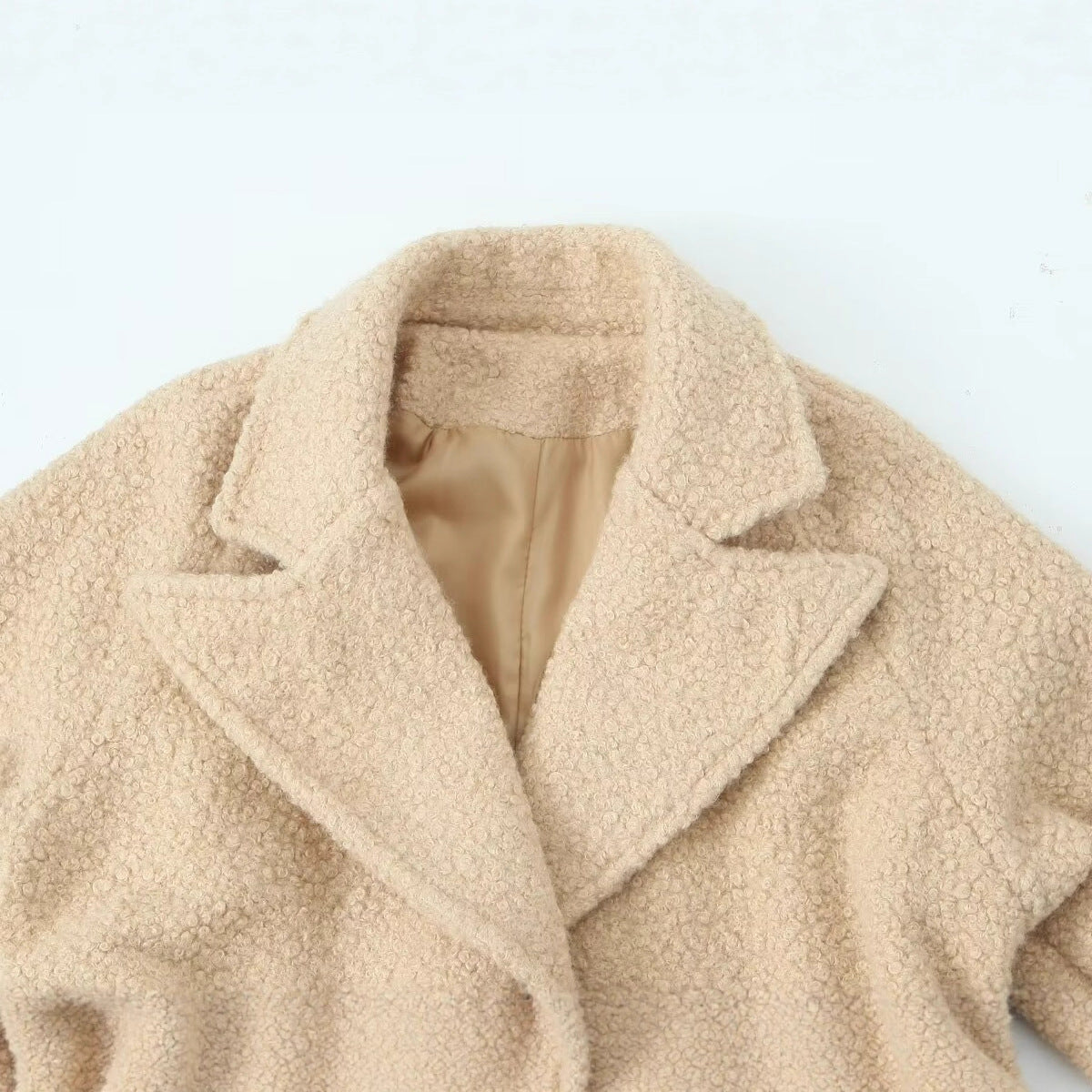 Women Long Teddy Coat in Trench Style with Double-Breasted Button Placket, Tied Belt, and Adjustable Cuffs Fashion Glam