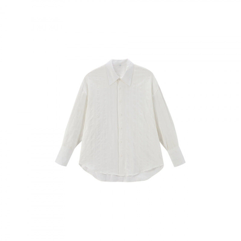 Unisex Oversize Linen Blend Shirt with Textured Stripes, Kent Collar and Rounded Hem Fashion Glam