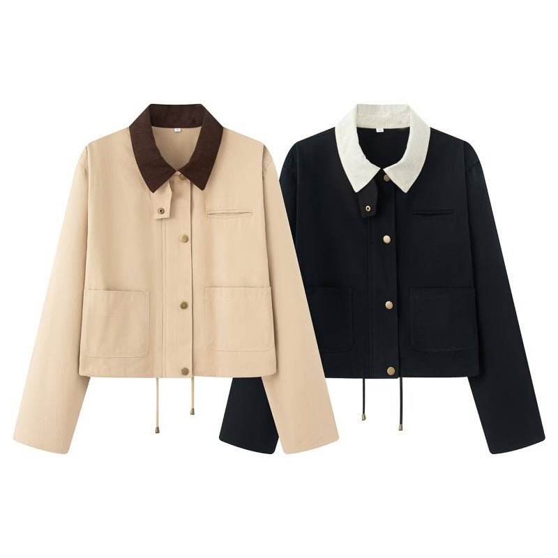 Women's Cropped Workwear Jacket with Cord Collar, Press Buttons and Drawstring Fashion Glam