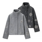 Women's Short Embroidered Wool Blend Boxy Coat with Stand Collar Fashion Glam