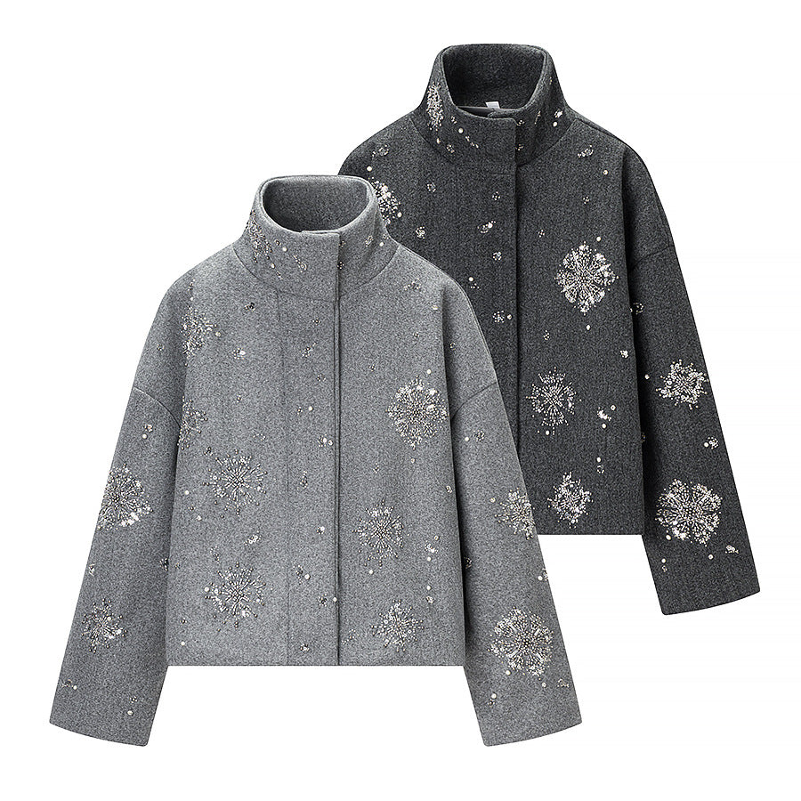 Women's Short Embroidered Wool Blend Boxy Coat with Stand Collar Fashion Glam