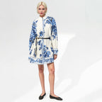 Women's midi dress with stand-up collar, full button placket and waist drawstring Fashion Glam