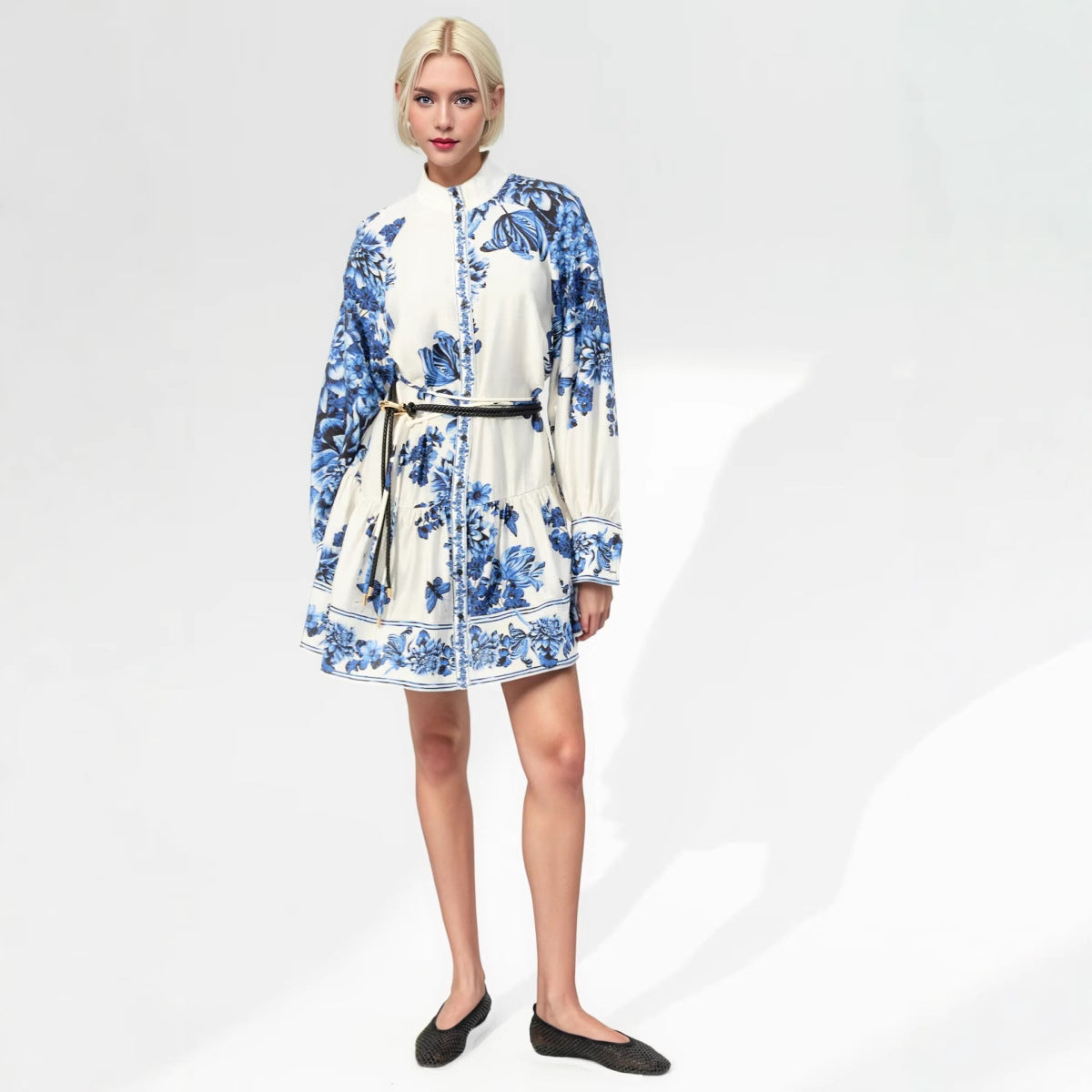 Women's midi dress with stand-up collar, full button placket and waist drawstring Fashion Glam