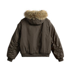 Women's short insulated field bomber jacket with hood and removable faux fur trim Fashion Glam
