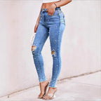 Women Pearl-Embellished High-Waist Skinny Jeans with Knee Rips and Raw Hem Fashion Glam