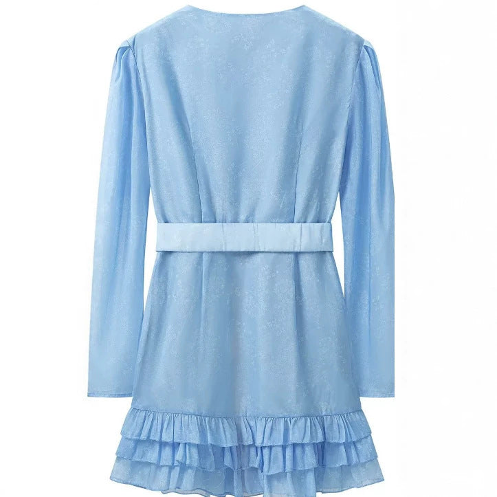 Women's Short Satin Dress with Deep V-Neck, Waist Belt and Layered Ruffles Fashion Glam