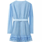 Women's Short Satin Dress with Deep V-Neck, Waist Belt and Layered Ruffles Fashion Glam