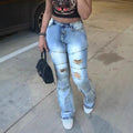 Women High-Waisted Distressed Flared Jeans with Panel Seams Fashion Glam