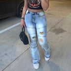 Women High-Waisted Distressed Flared Jeans with Panel Seams Fashion Glam