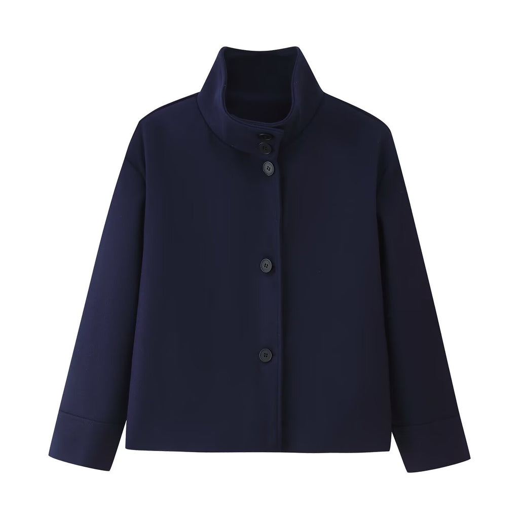 Women's Boxy Short Jacket with High Stand Collar and Concealed Button Placket Fashion Glam
