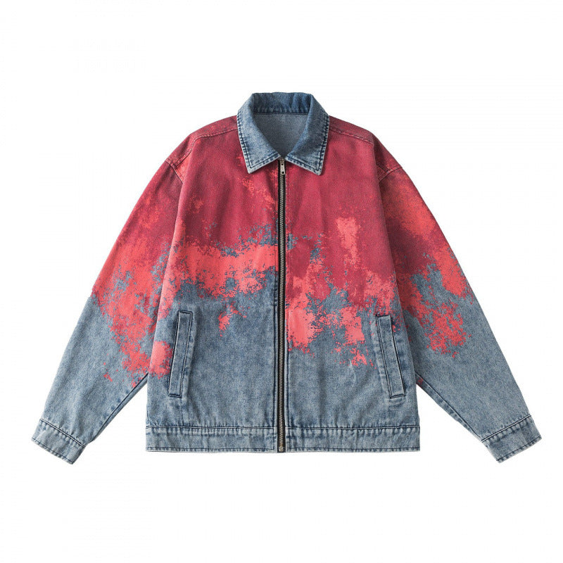 Unisex Oversize Denim Jacket with Gradient Print, Zipper and Shirt Collar Fashion Glam