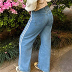 Women's wide High-Waist denim jeans with side contrast stripe Fashion Glam