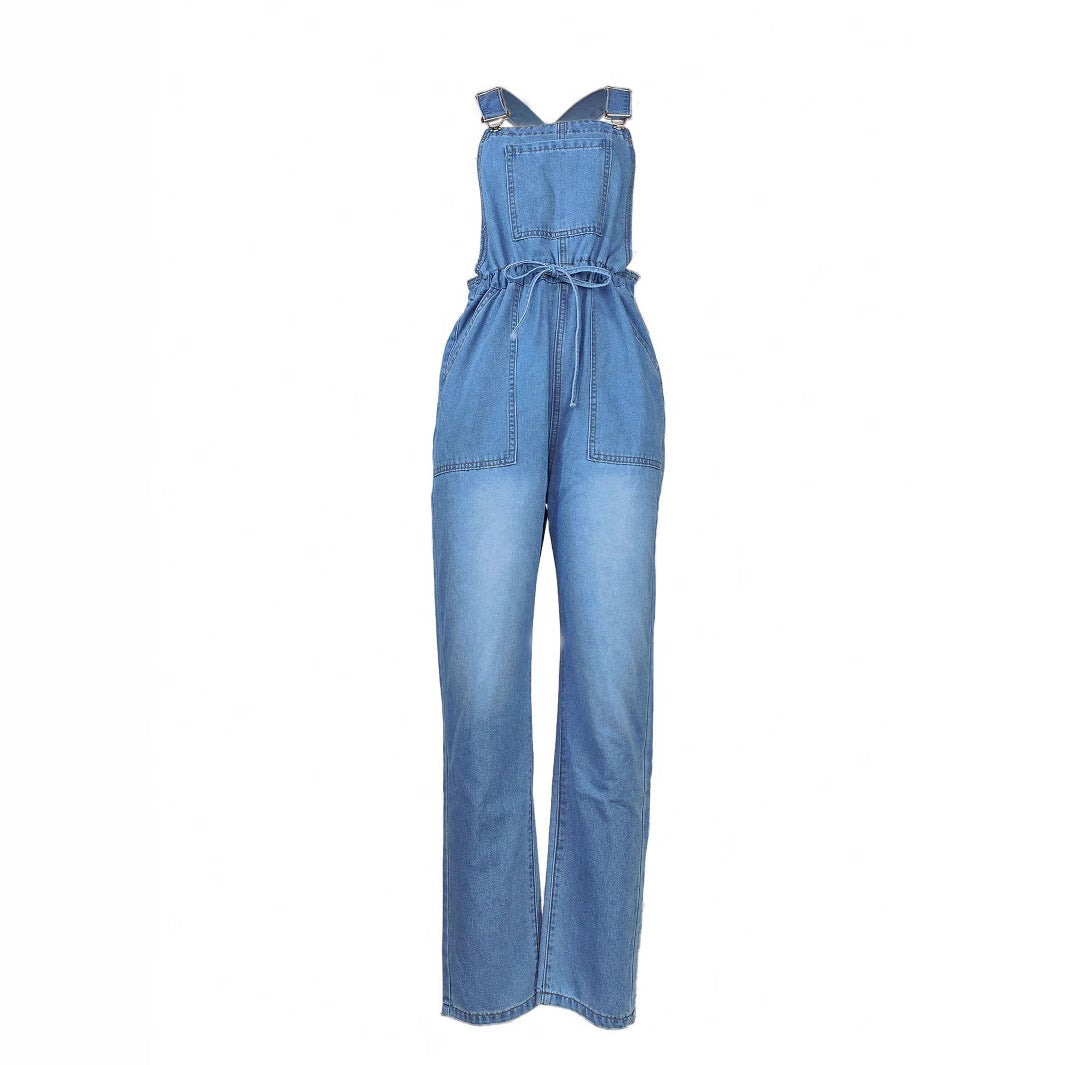 Women's overall jumpsuit made of lightweight denim with a drawstring waistband, patch pockets, and turned-up hem Fashion Glam
