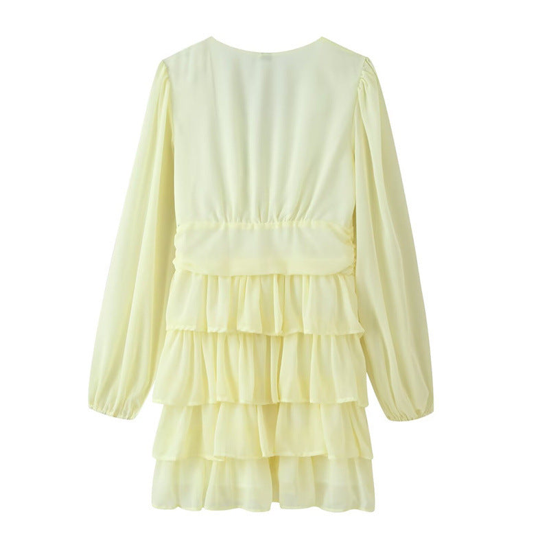 Women's Chiffon Mini Dress with V-Neck, Long Sleeves and Layered Ruffles Fashion Glam