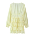 Women's Chiffon Mini Dress with V-Neck, Long Sleeves and Layered Ruffles Fashion Glam