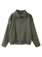 Women's short jacket in biker blouson style with belt and asymmetrical flap Fashion Glam