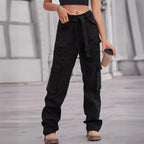 Ladies cargo pants with high waist, tie belt, and multiple flap pockets Fashion Glam