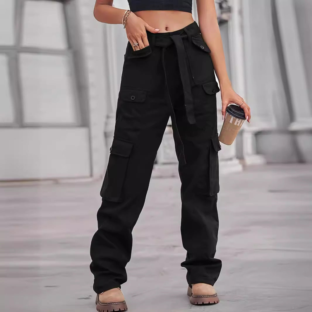 Ladies cargo pants with high waist, tie belt, and multiple flap pockets Fashion Glam