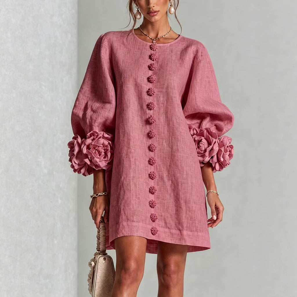 Ladies linen dress in A-line cut with balloon sleeves and 3D flower decoration Fashion Glam