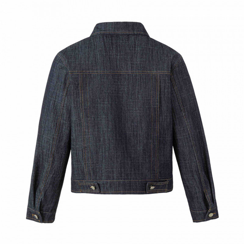Unisex Short Cut Boxy Denim Jacket with Decorative Stitching and Turquoise Studs Fashion Glam