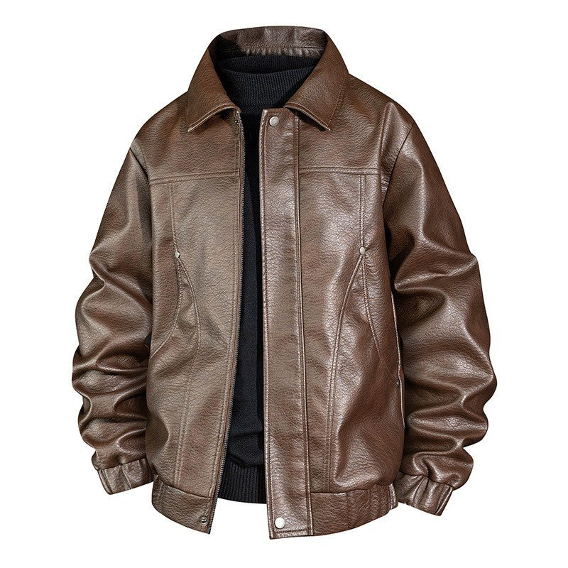 Men's faux leather bomber jacket with shirt collar, elastic waistband, and concealed zipper Fashion Glam