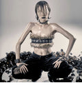 Women Cropped Bandeau Top with Faux Fur Trim, Grommet Leather Strap and Gothic-Punk Details Fashion Glam