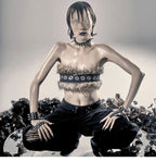 Women Cropped Bandeau Top with Faux Fur Trim, Grommet Leather Strap and Gothic-Punk Details Fashion Glam
