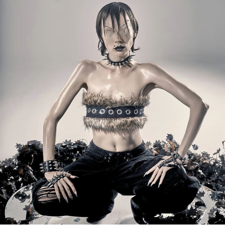 Women Cropped Bandeau Top with Faux Fur Trim, Grommet Leather Strap and Gothic-Punk Details Fashion Glam