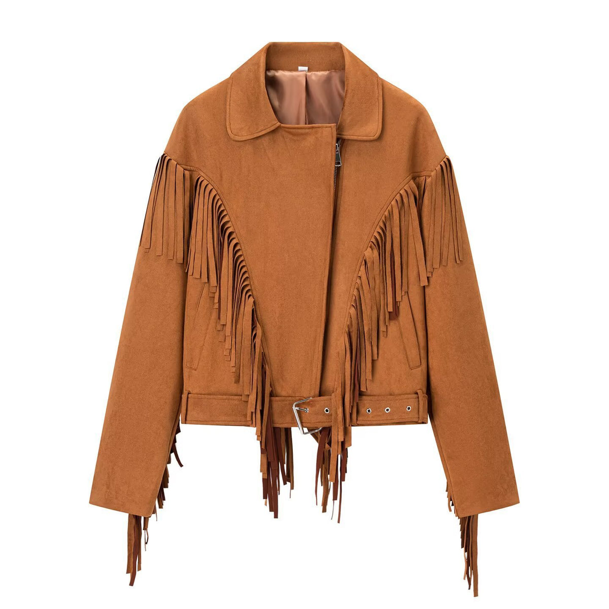 Women Short Suede Biker Jacket with Oversized Silhouette and Long Fringes Fashion Glam