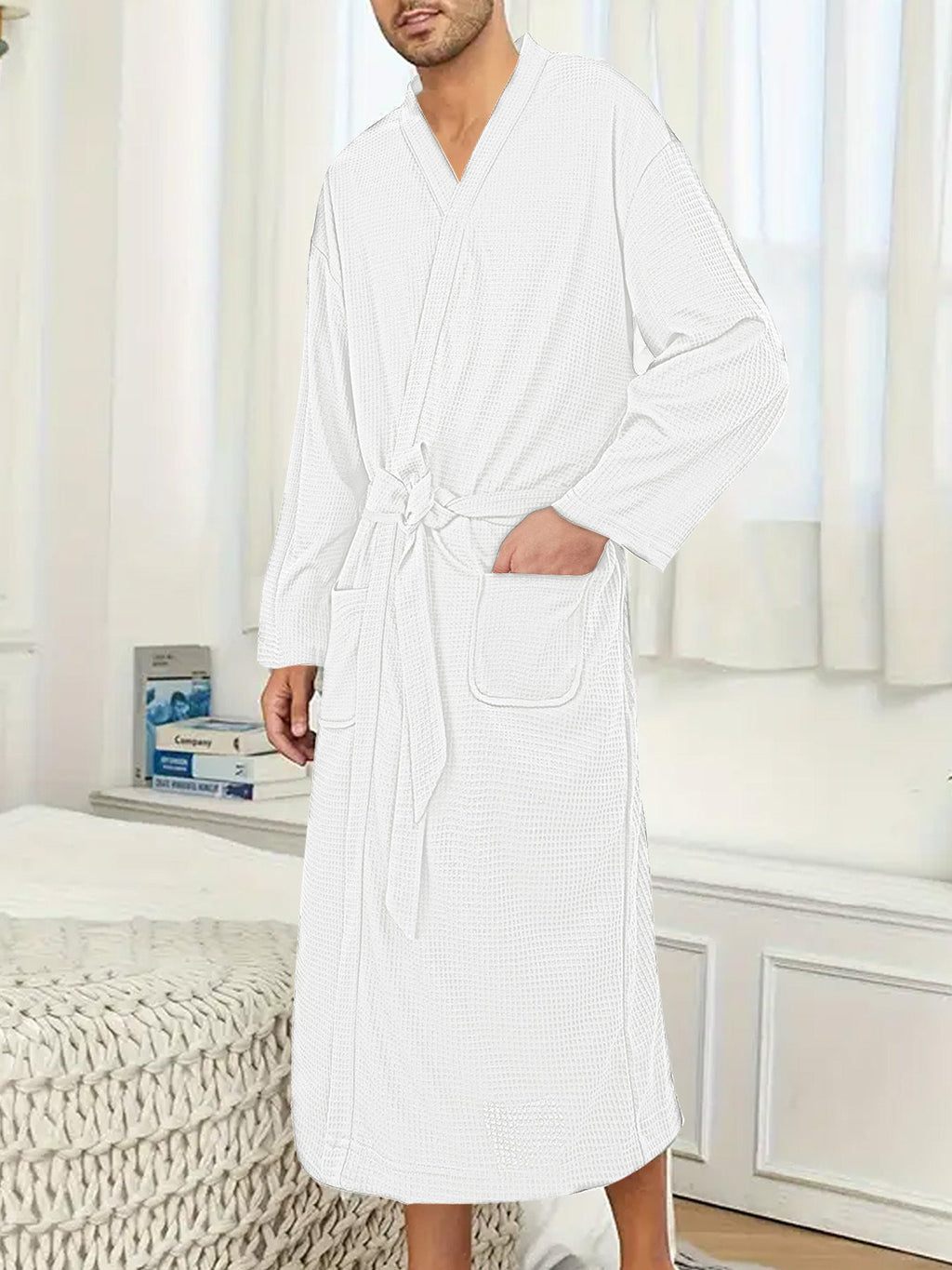 Men's lightweight cotton kimono bathrobe with waffle texture and patch pockets Fashion Glam