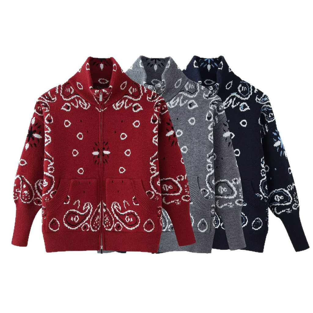 Women's chunky knit zip cardigan with stand-up collar and paisley jacquard Fashion Glam