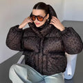 Women's Short Quilted Oversized Down-Effect Jacket with High Funnel Neck and Leopard Print Fashion Glam