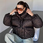 Women's Short Quilted Oversized Down-Effect Jacket with High Funnel Neck and Leopard Print Fashion Glam