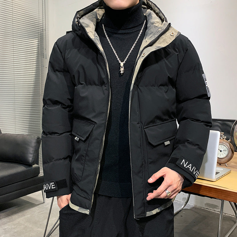 Men's quilted hooded jacket with flap pockets and adjustable Velcro cuffs Fashion Glam