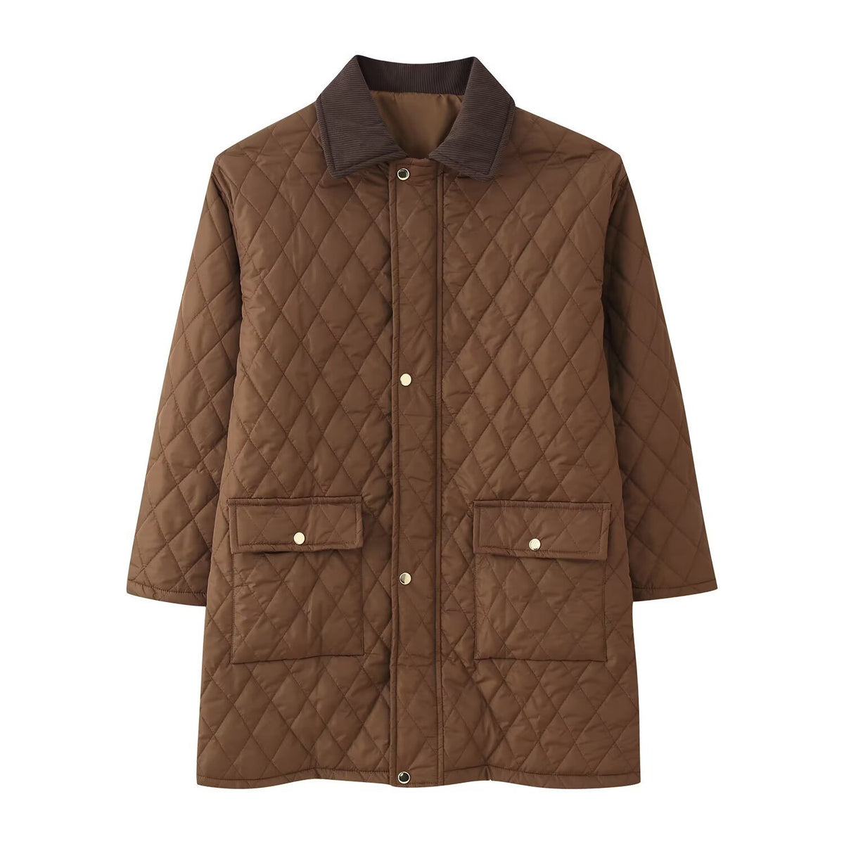 Women’s quilted coat with cord collar, checkered quilting and patch pockets Fashion Glam