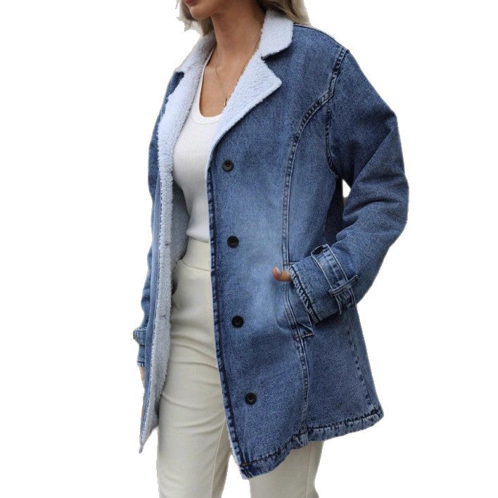 Women's Oversized Denim Jacket with Teddy Lining, Button Placket and Patch Pockets Fashion Glam