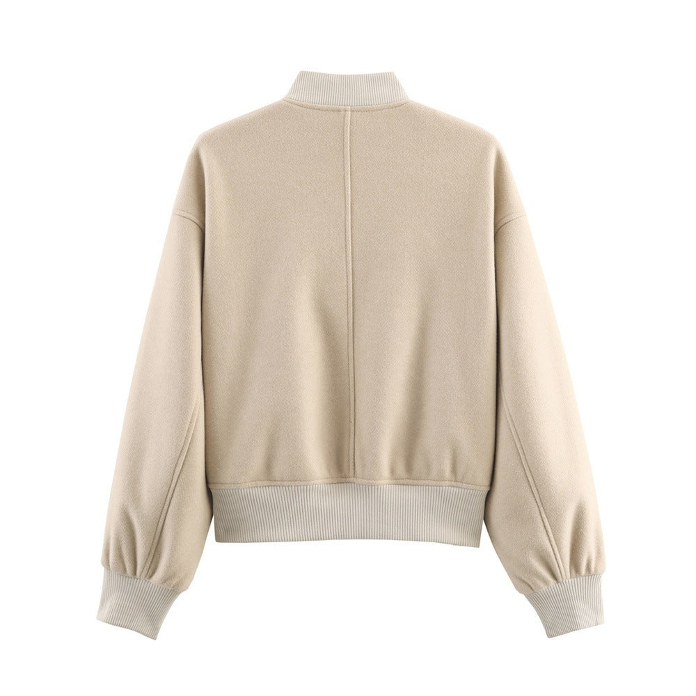Ladies short boxy bomber jacket with ribbed collar, snap button closure, and pockets Fashion Glam