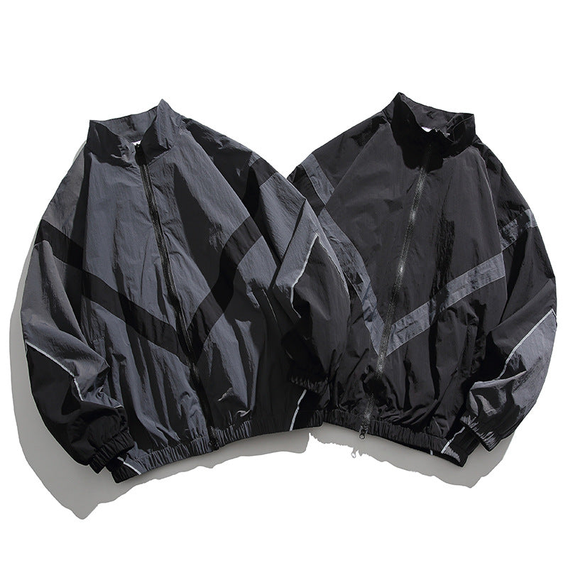 [Unisex] Oversize technical wind and rain jacket with stand-up collar, reflective piping, and elastic hem Fashion Glam