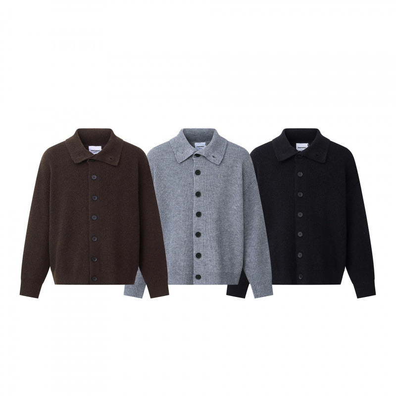 Unisex Boxy cardigan with shirt collar, ribbed texture and continuous button placket Fashion Glam