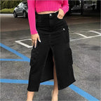Women's cargo jeans midi skirt with front slit and patch cargo pockets Fashion Glam
