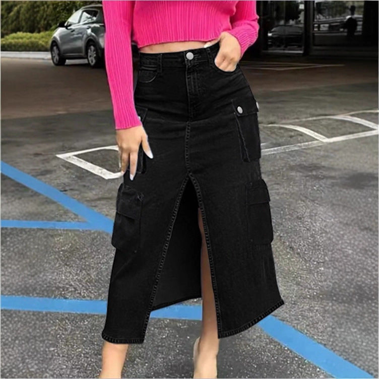 Women's cargo jeans midi skirt with front slit and patch cargo pockets Fashion Glam